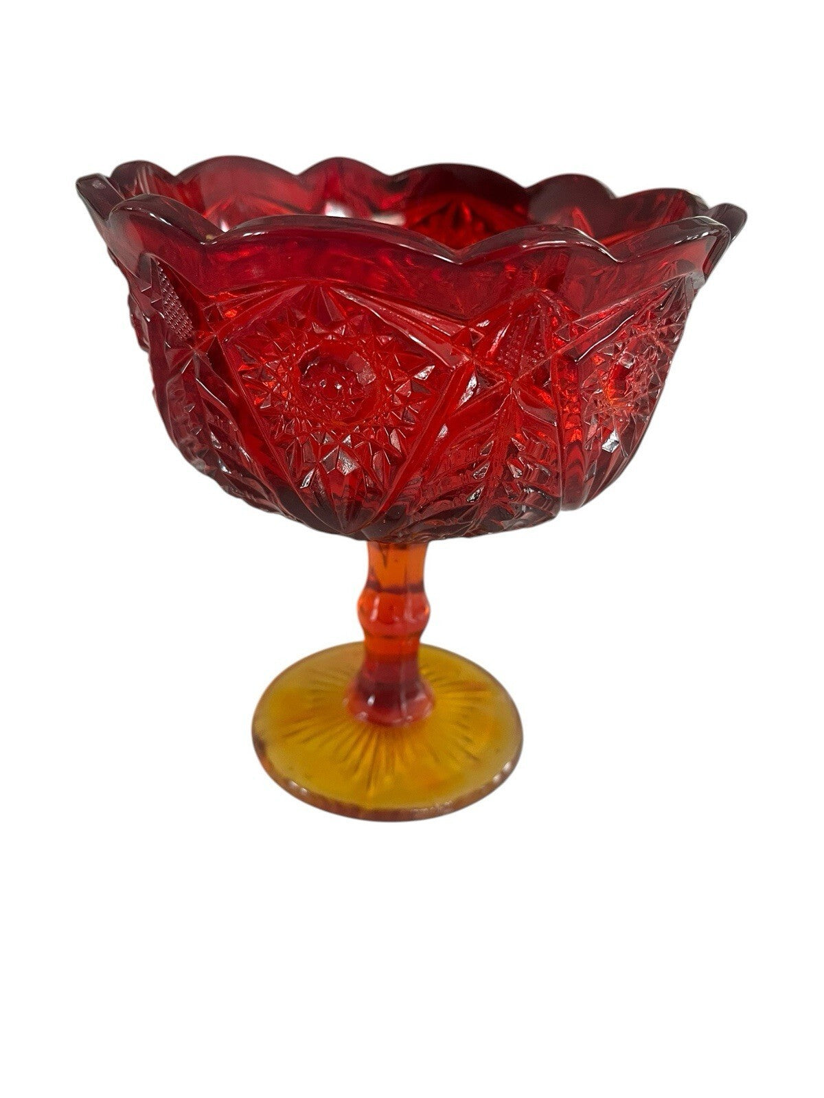 LE Smith Amberina Heritage Pedestal Compote Bowl -1970's Red And Yellow