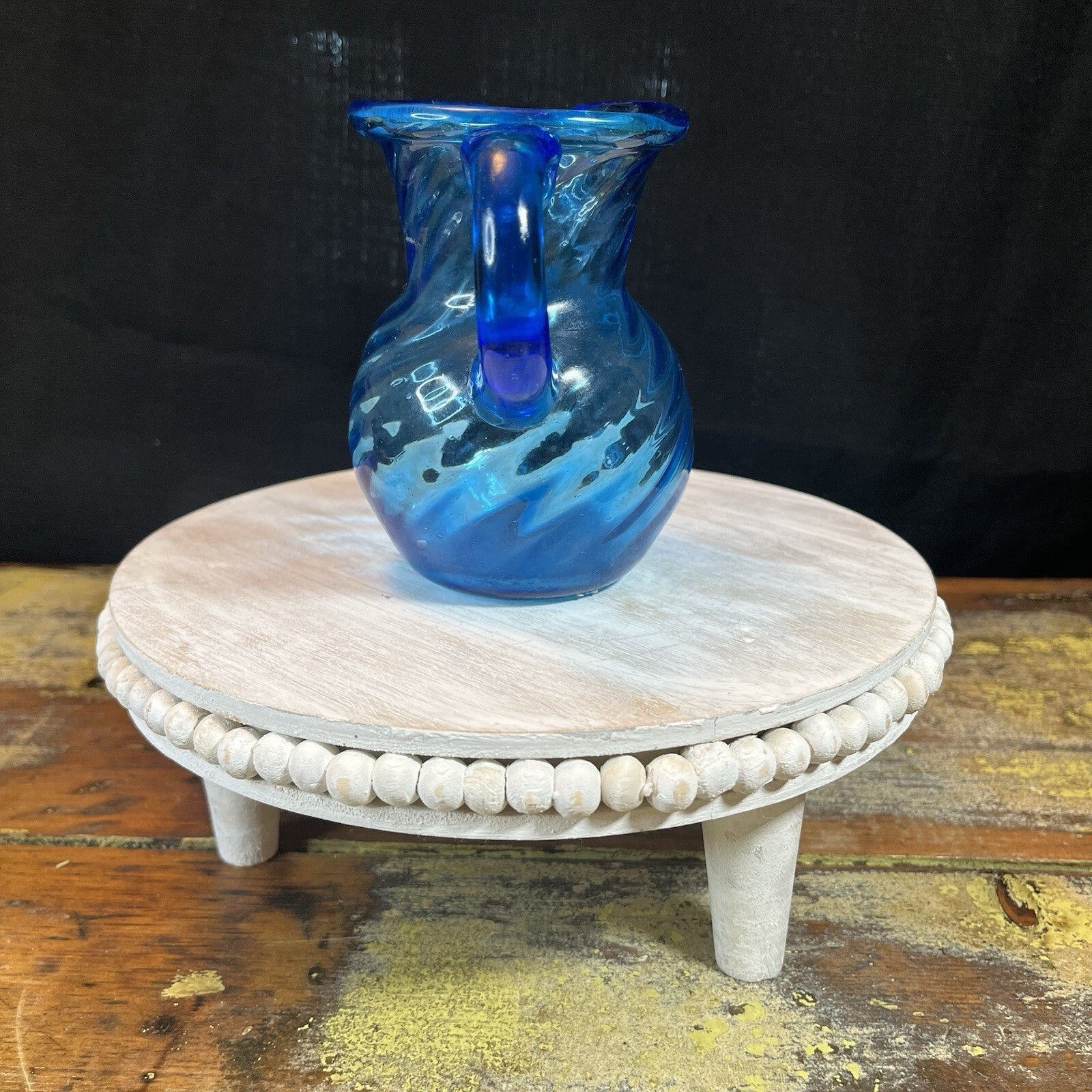 Vintage Cobalt Blue Pitcher Vase Hand Blown  Glass c1950's Small 5”