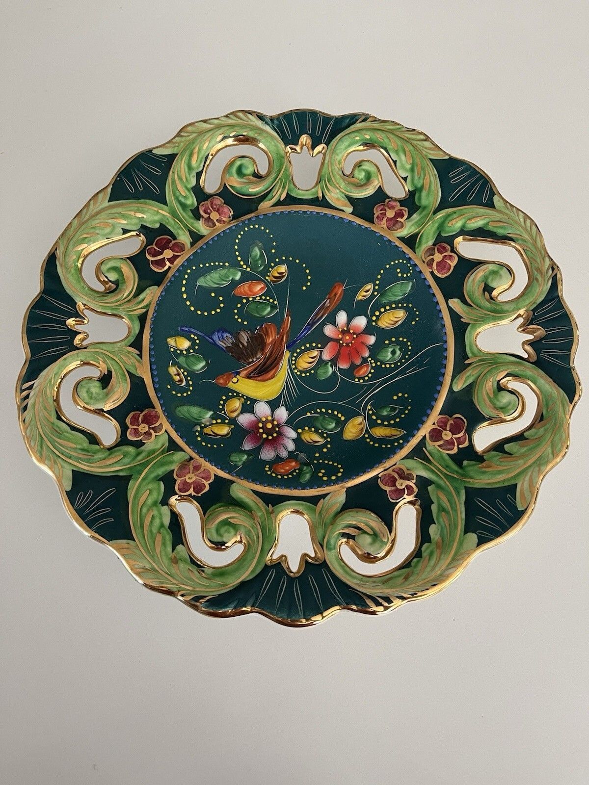 VINTAGE H BEQUET QUAREGNON MAJOLICA HANDPAINTED HUMMING BIRD PLATTER